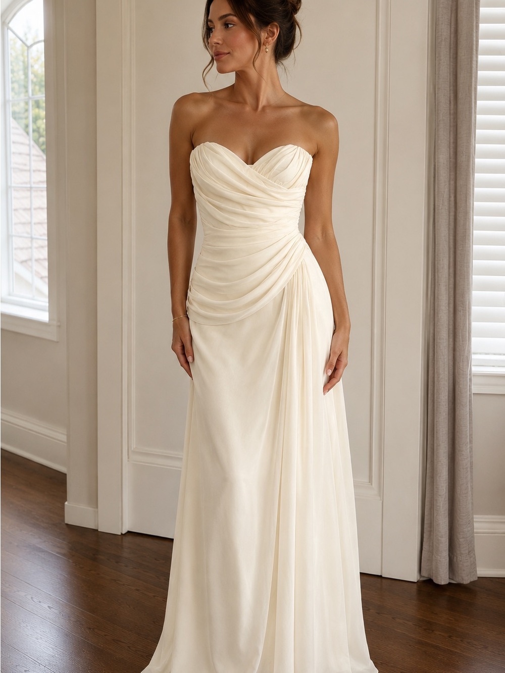 Ivory Strapless Ruched Wedding Gown + Beaded Sash & Pearl Veil size Small